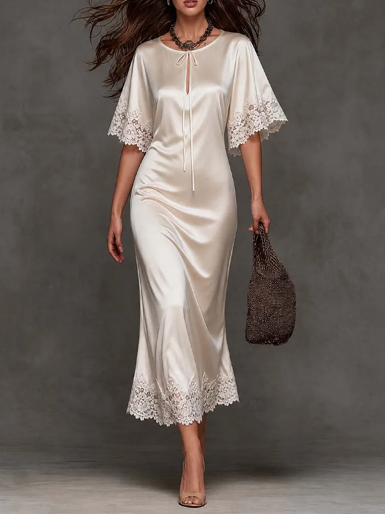 Elegant Vintage Tie Keyhole Lace Trim Short Sleeve Satin Midi Slip Dress