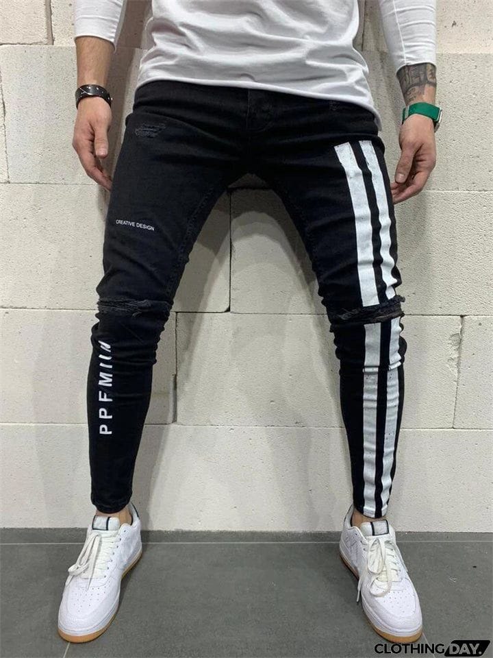 Men's Sport Slim Fit Print Ripped Jeans