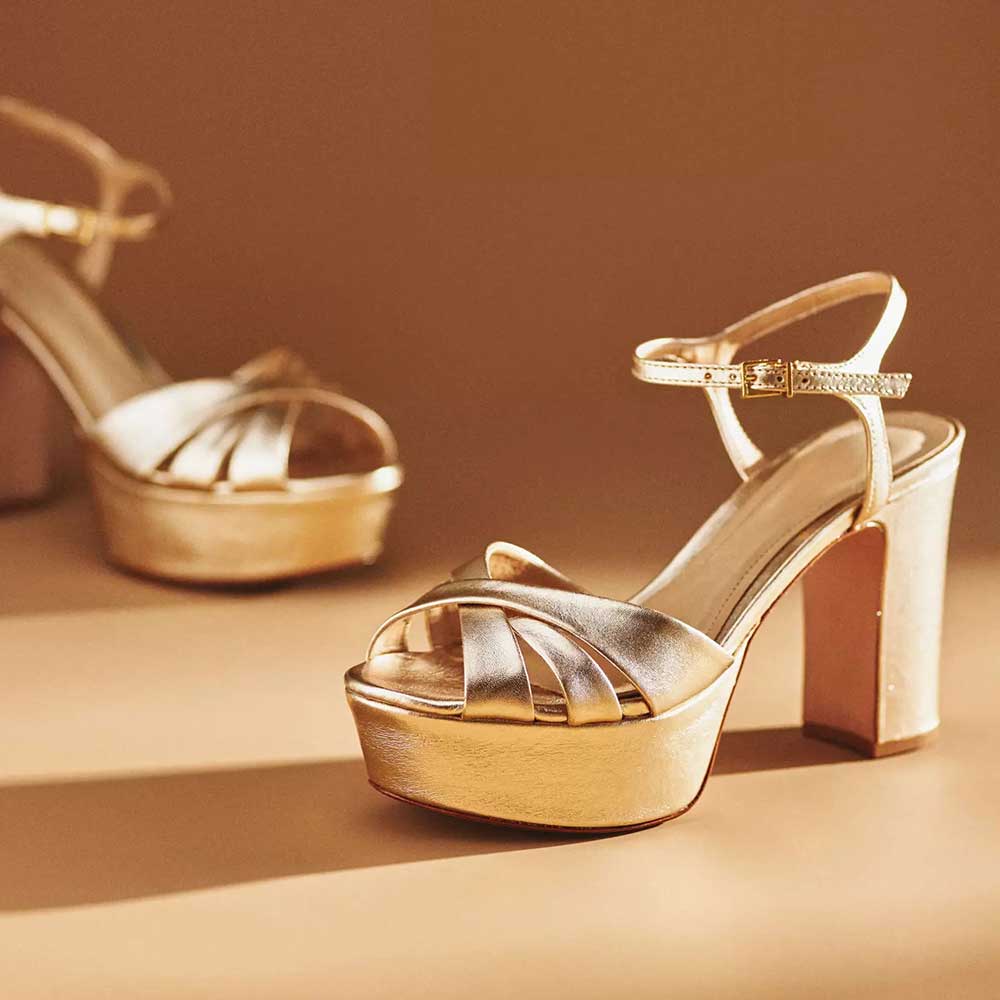 Gold Round Toe 4'' Chunky Heel Ankle Strap Platform Bridal Sandals Nicepairs