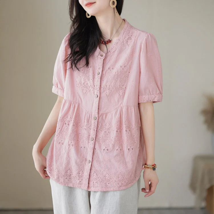 Women Summer Casual Linen Embroidery T-Shirt