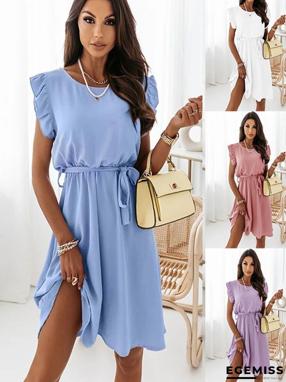 Stylish Solid-colored Waist Strappy Short-sleeved Dress | EGEMISS