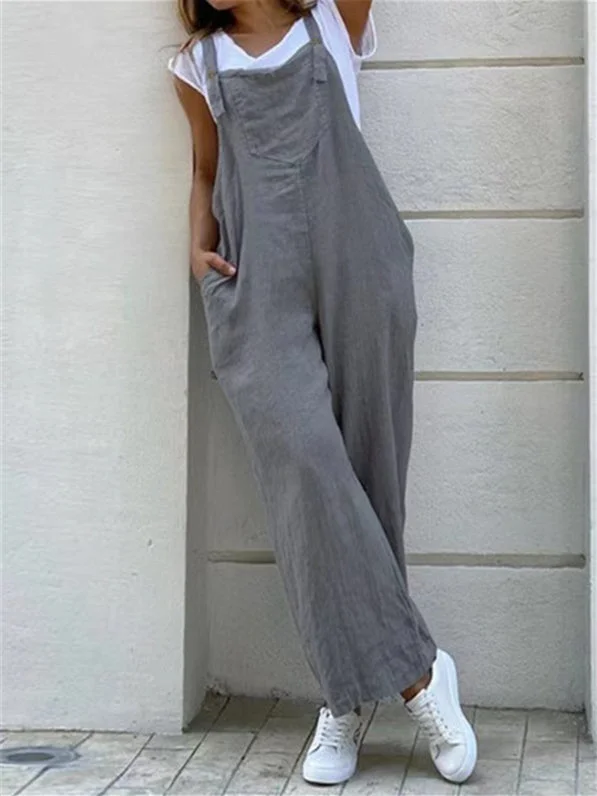 Women Sleeveless Square Collar Solid Color Jumpsuit