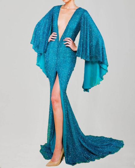 Gown Deep V Shiny Slit Maxi Dress