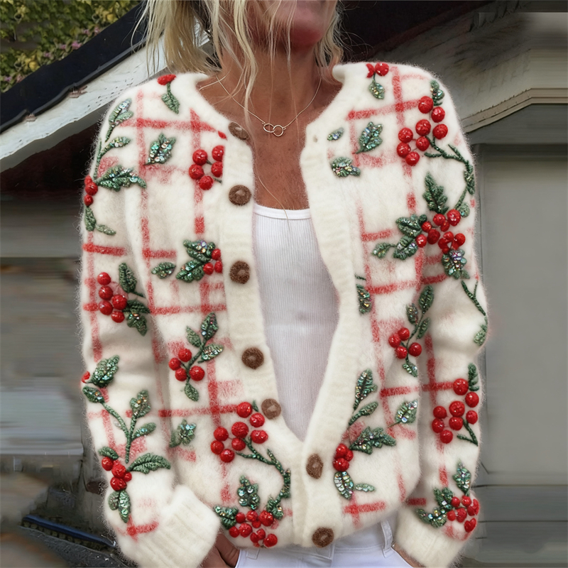 Christmas Berries Glitter Embroidered Plaid Cozy Knit Cardigan elevenforest