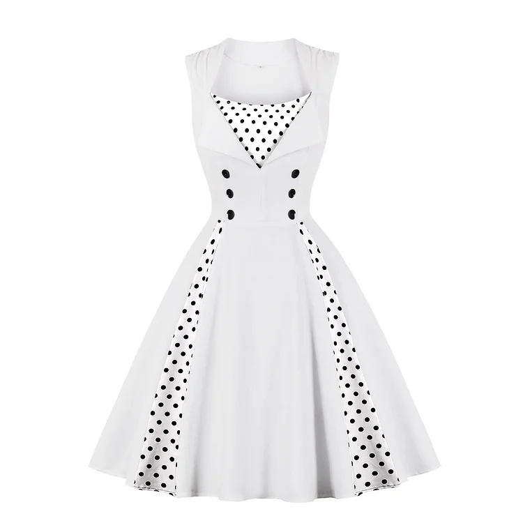 Vintage Paneled Sleeveless Squre Neck Pleated Polka Dot Dress