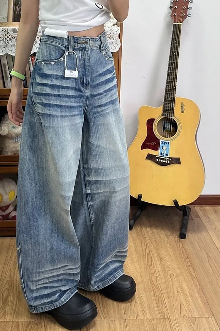 High Waist Straight Leg Jeans with Cat Whisker Details