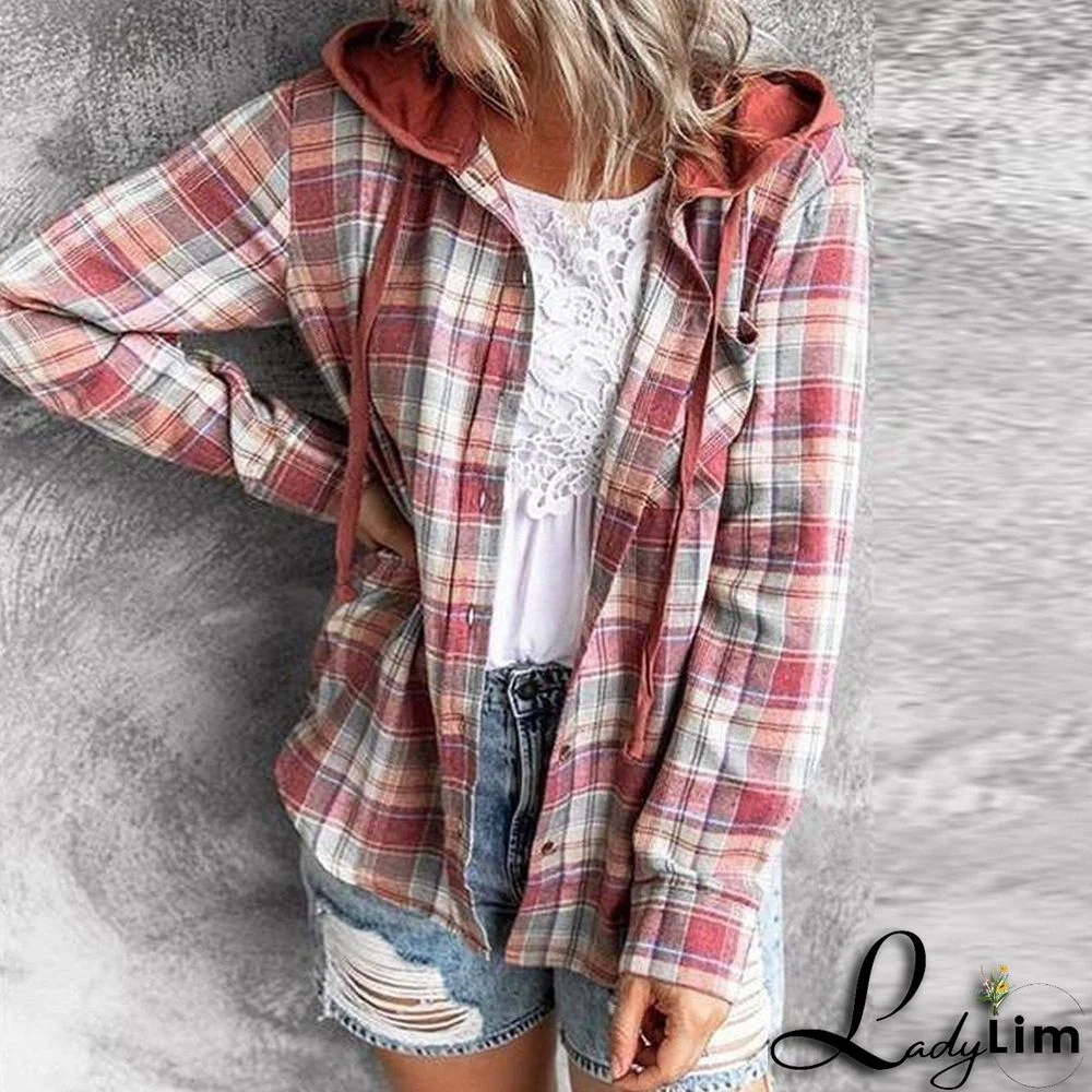 90s Checkered Hoodie Button-Up Top