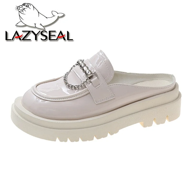 LazySeal Metal Chain Design Women Shoe Flats Slip On Big Size43 Slipper Leather Round Toe Student Shoes Girl Lolita Shoes Loafer