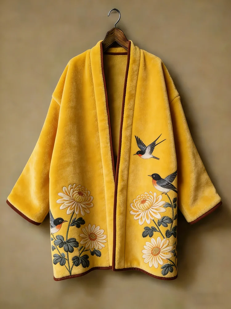 Oriental aesthetic printed flannel embroidered medium and long kimono cardigan