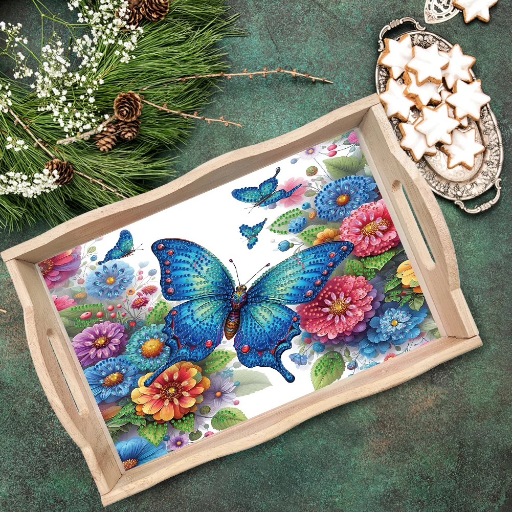 5D DIY Wooden Flower Butterfly Diamond Painting Serving Tray for Home Decor
