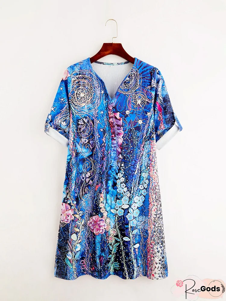 Vintage Geometric Floral Printed Plus Size V Neck Casual Dresses