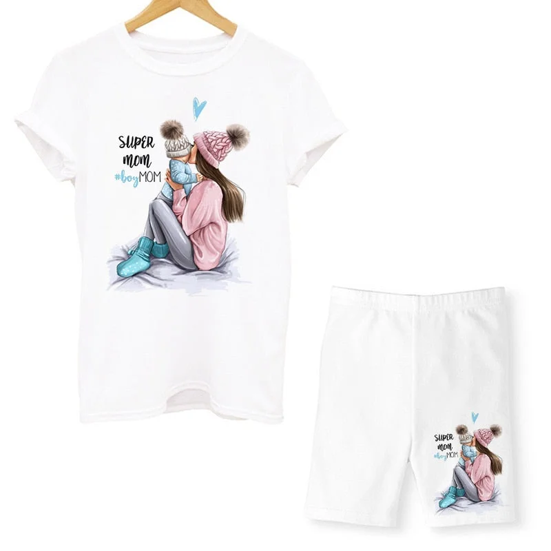 Women Two Piece Set Super Mom Tshirts & Shorts Set Summer Short Sleeve Jogging Biker Shorts Sexy Outfit For Woman Track Suit