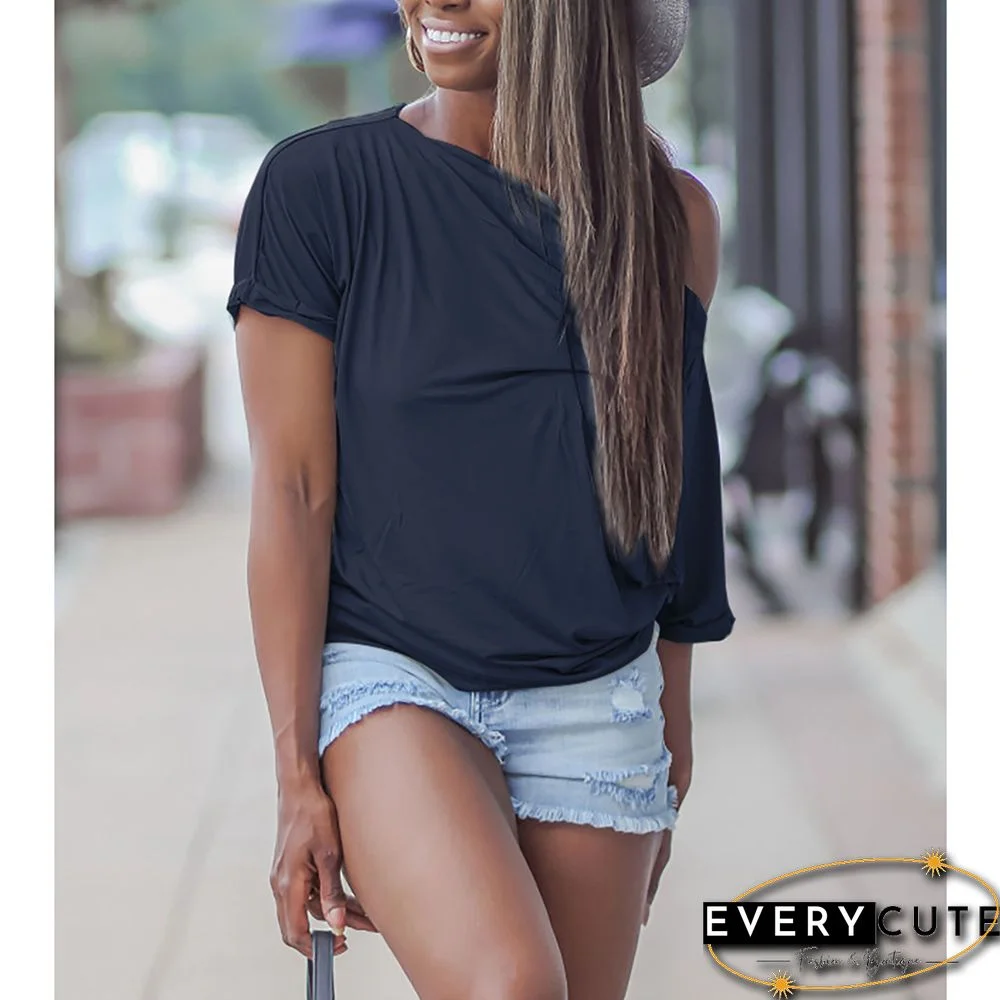 Navy Blue Cotton Blend Off Shoulder Tops