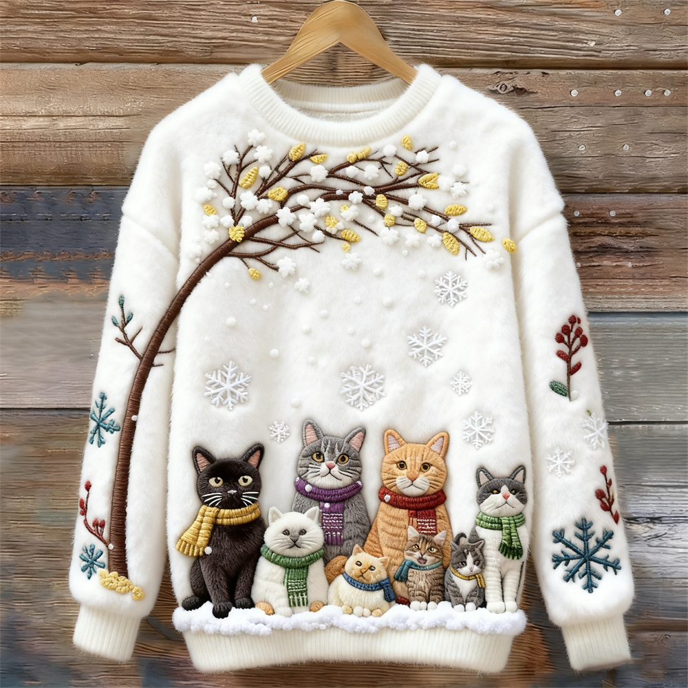 Christmas Cats Embroidery Women's Cozy Plush Sweater wearshes