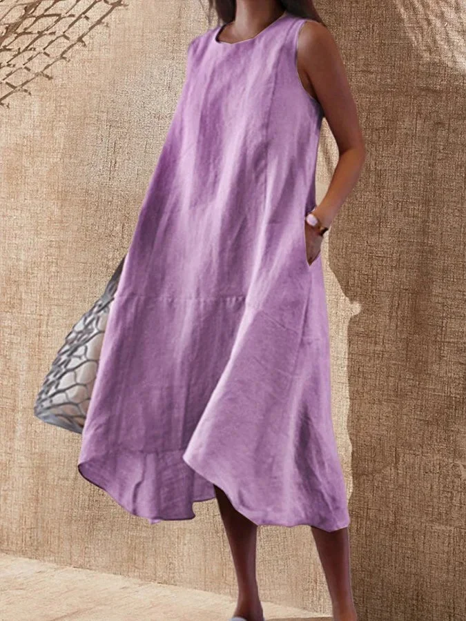 Women's Round Neck Pocket Sleeveless Casual Midi Dress
