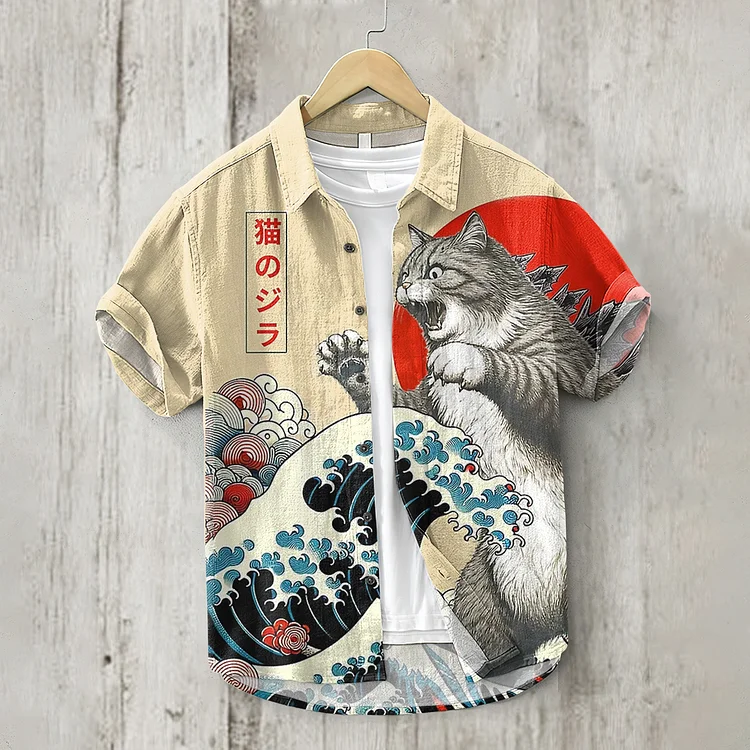 Abstract Creative The Great Waves And Godzilla Japanese Art Cat Pattern Linen Blend Shirt