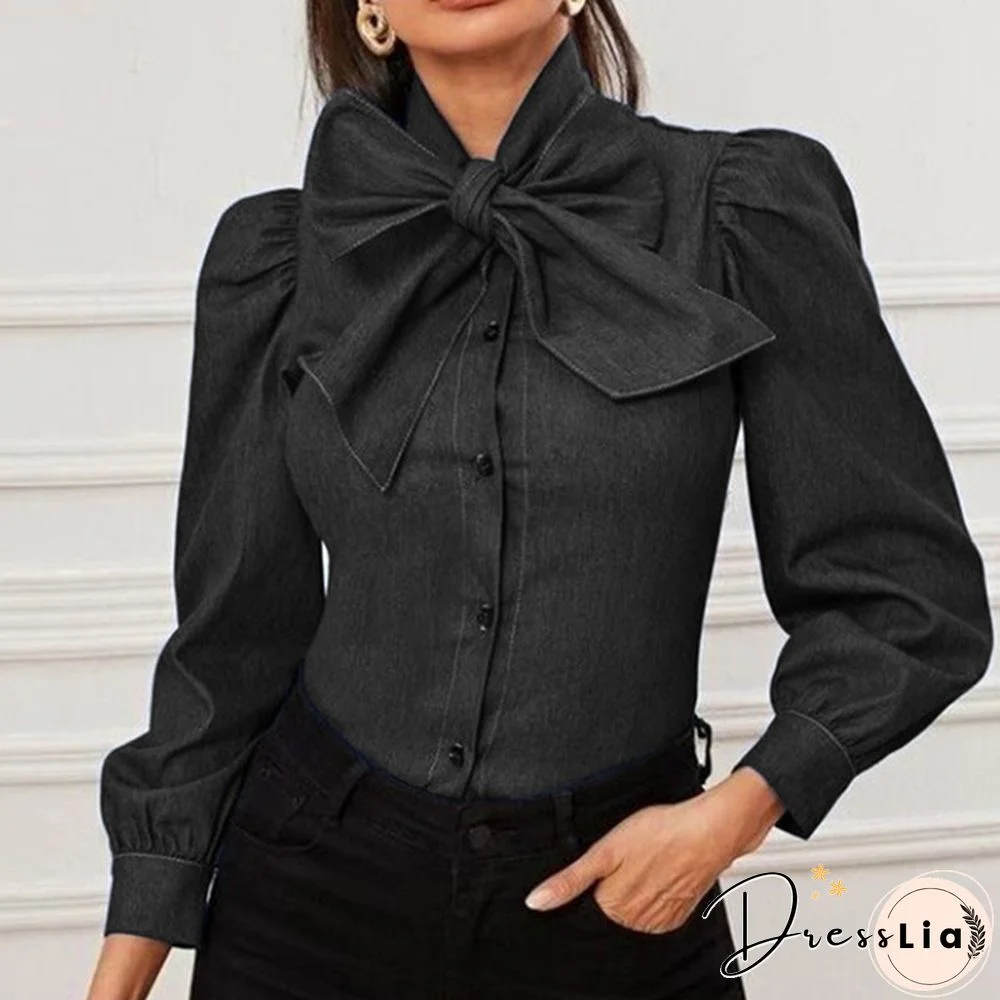 Women Long Sleeve Shirt Elegant Blouse Tunic Bow Tie Denim T-Shirts Plus Size
