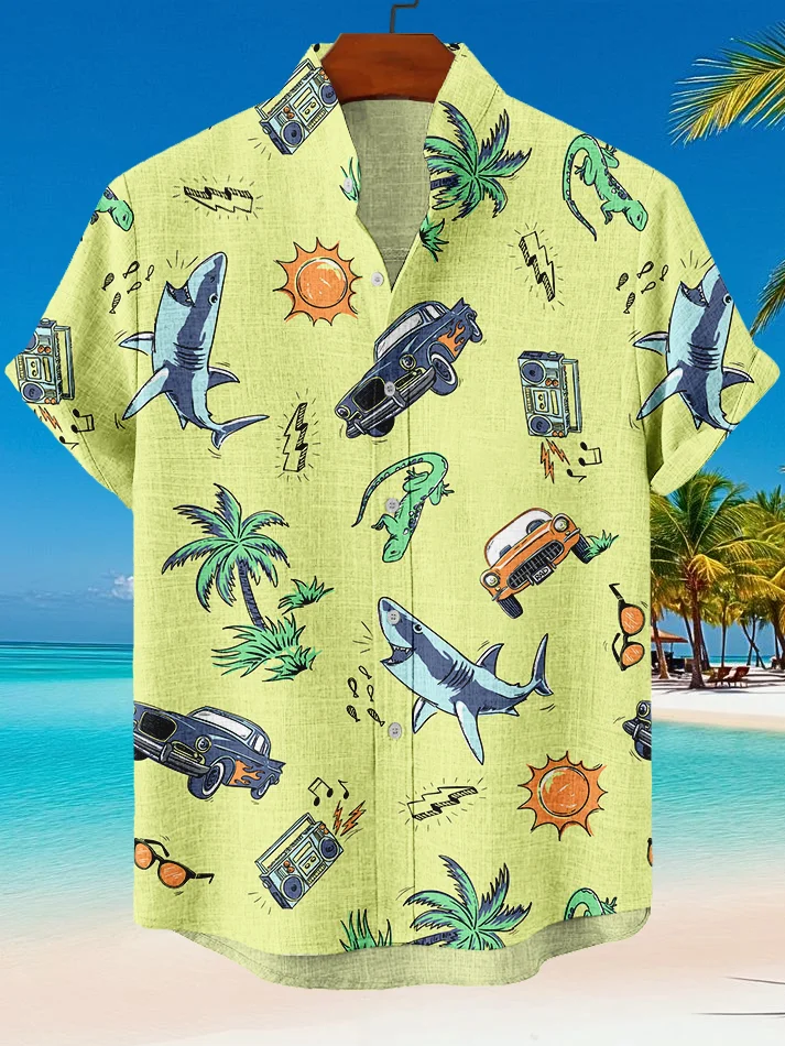 Men's Shark Car Coconut Tree Radio Offline Hawaii Vacation Art Print Casual Shirt