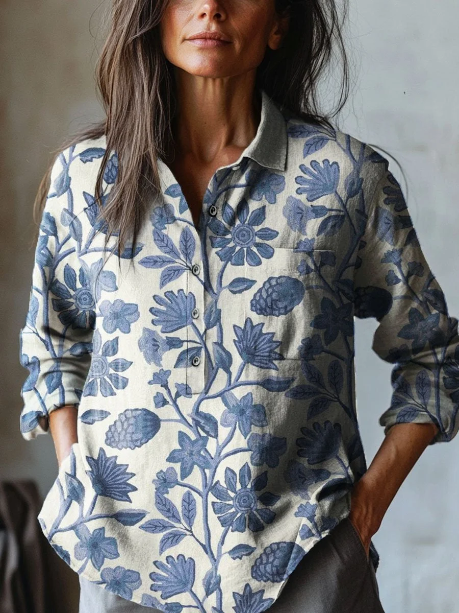 Women's Vintage Lovely Floral Art Print Casual Cotton And Linen Shirt