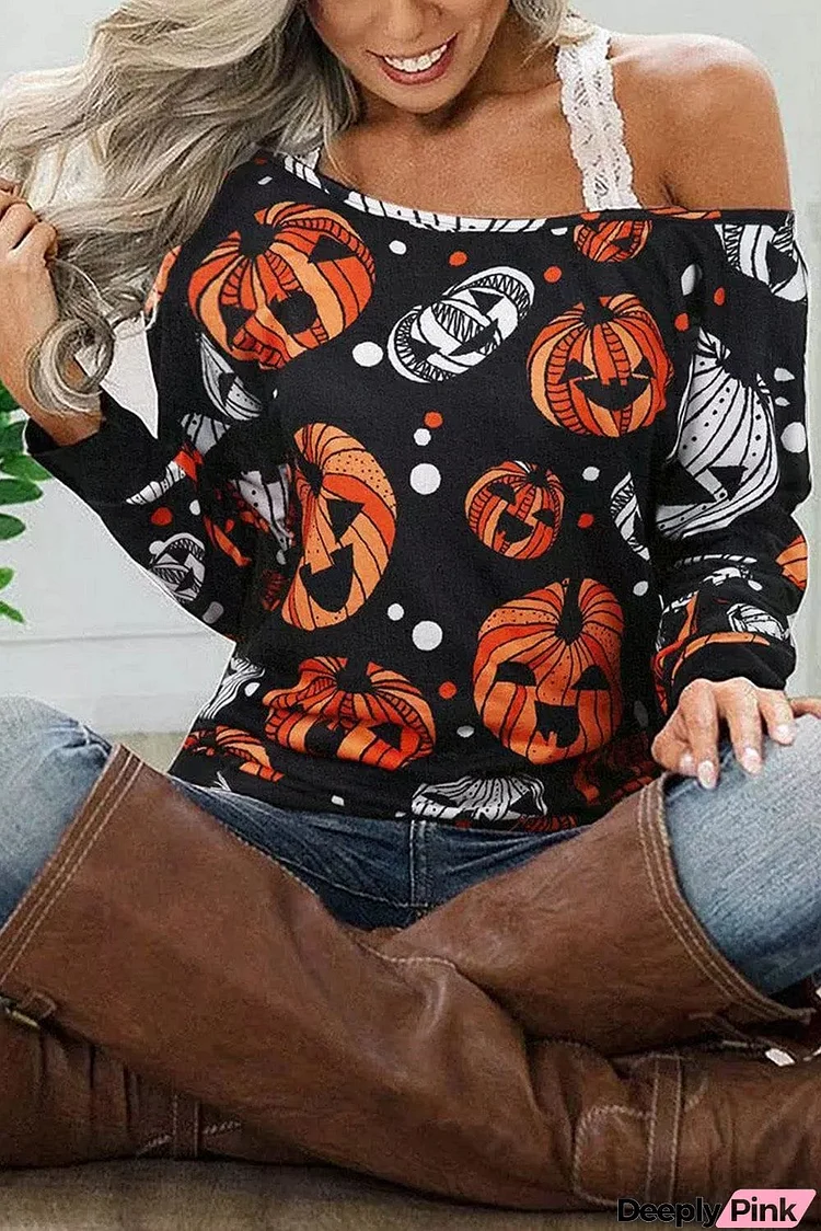 Halloween Pumpkin Face Crew Neck Top