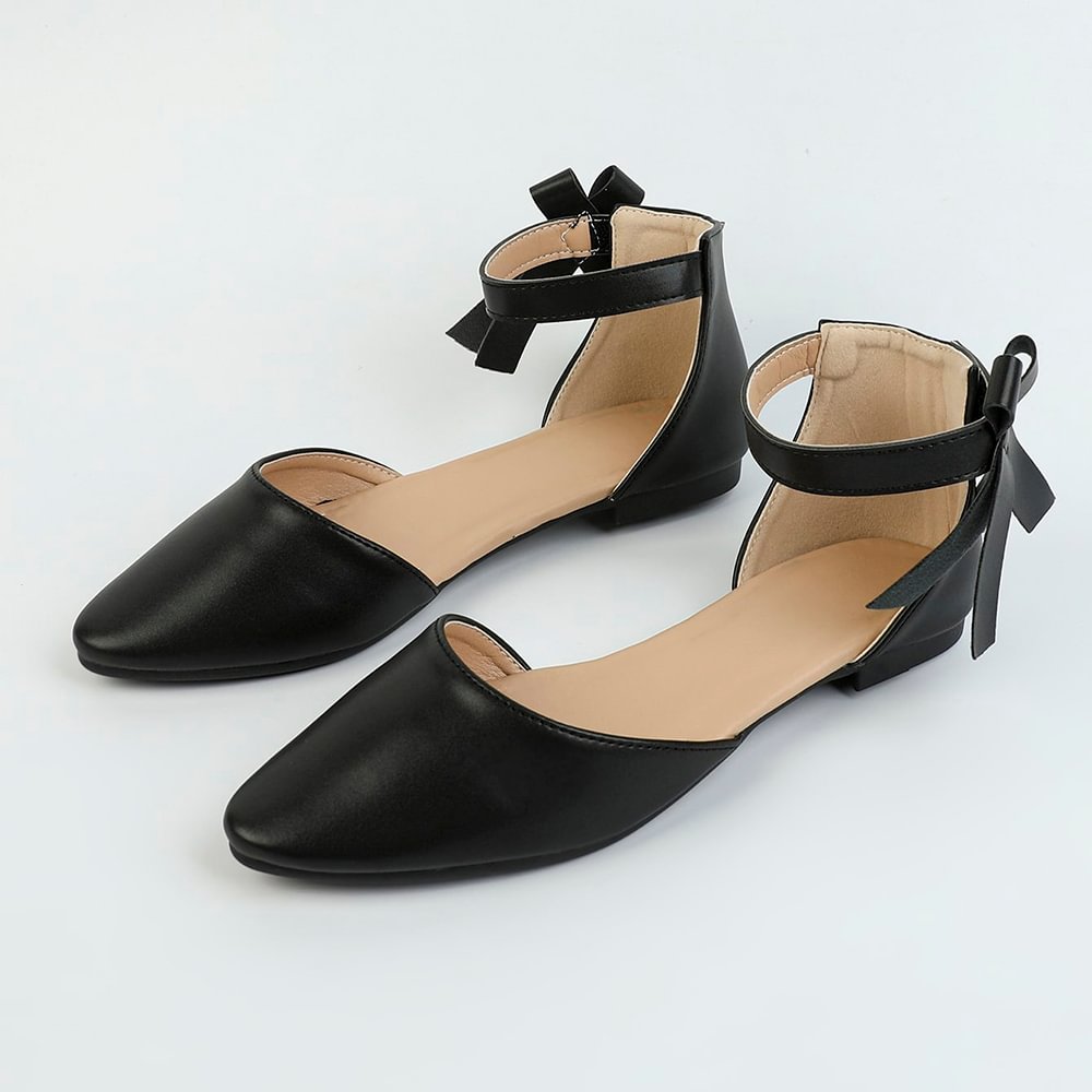 Black Pointed Toe Leather Flats With Ankle Strap Bow Decor Flats  Nicepairs