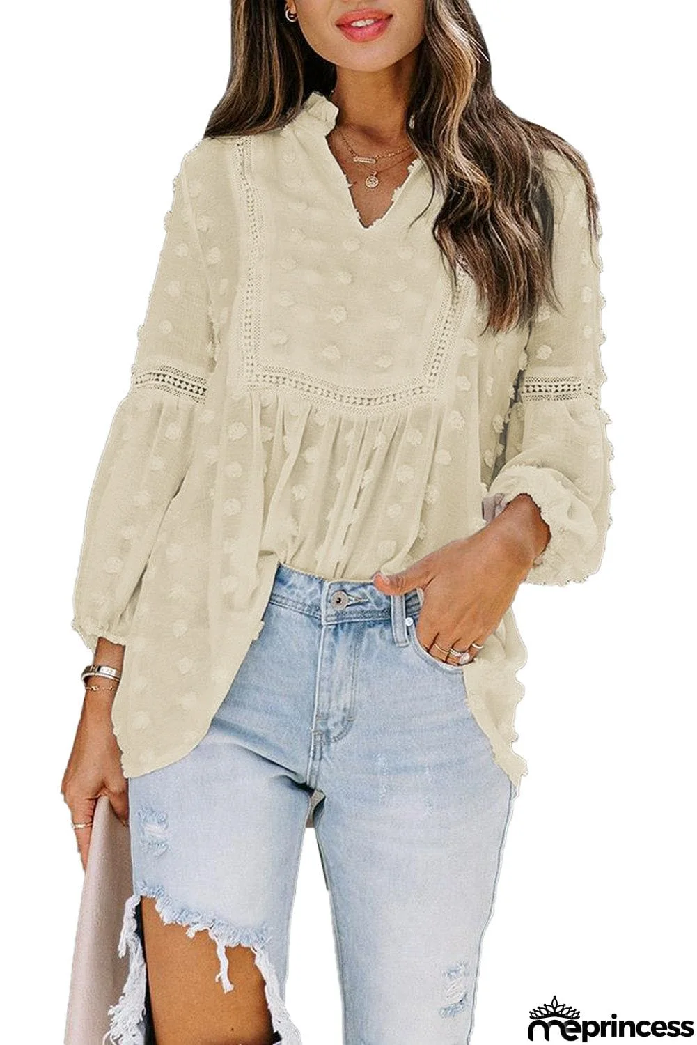 Ruffled Split Neck Lace Hollow Out Puff Sleeve Polka Dot Blouse