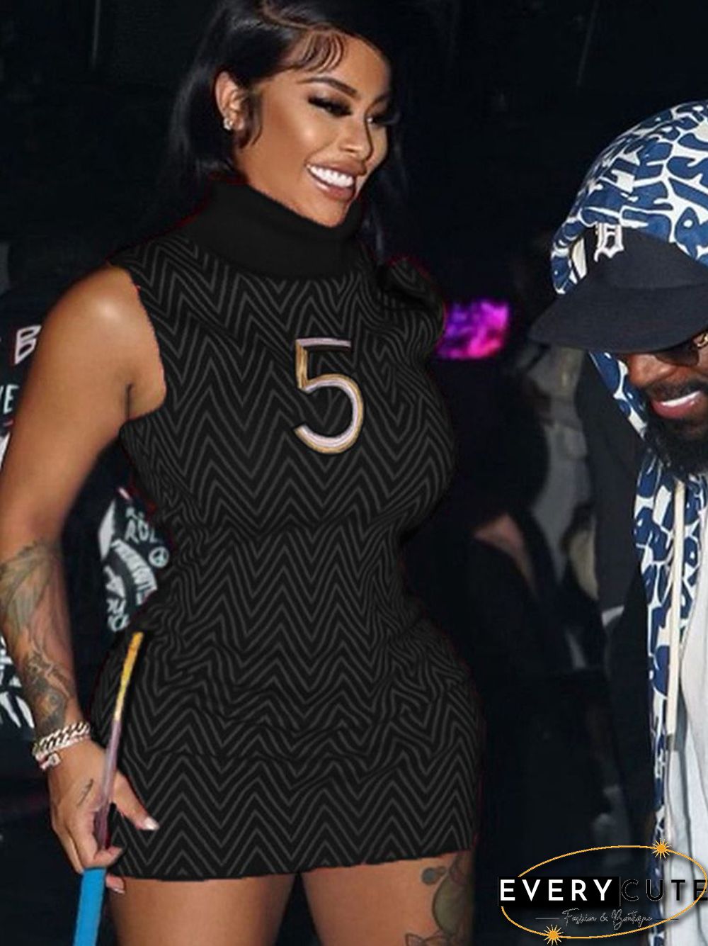 HAOYUAN Sexy Turtleneck Sleeveless Bodycon DressesFor Women Fashion Clothes Embroidery Birthday Club Outfits Night Party Dress