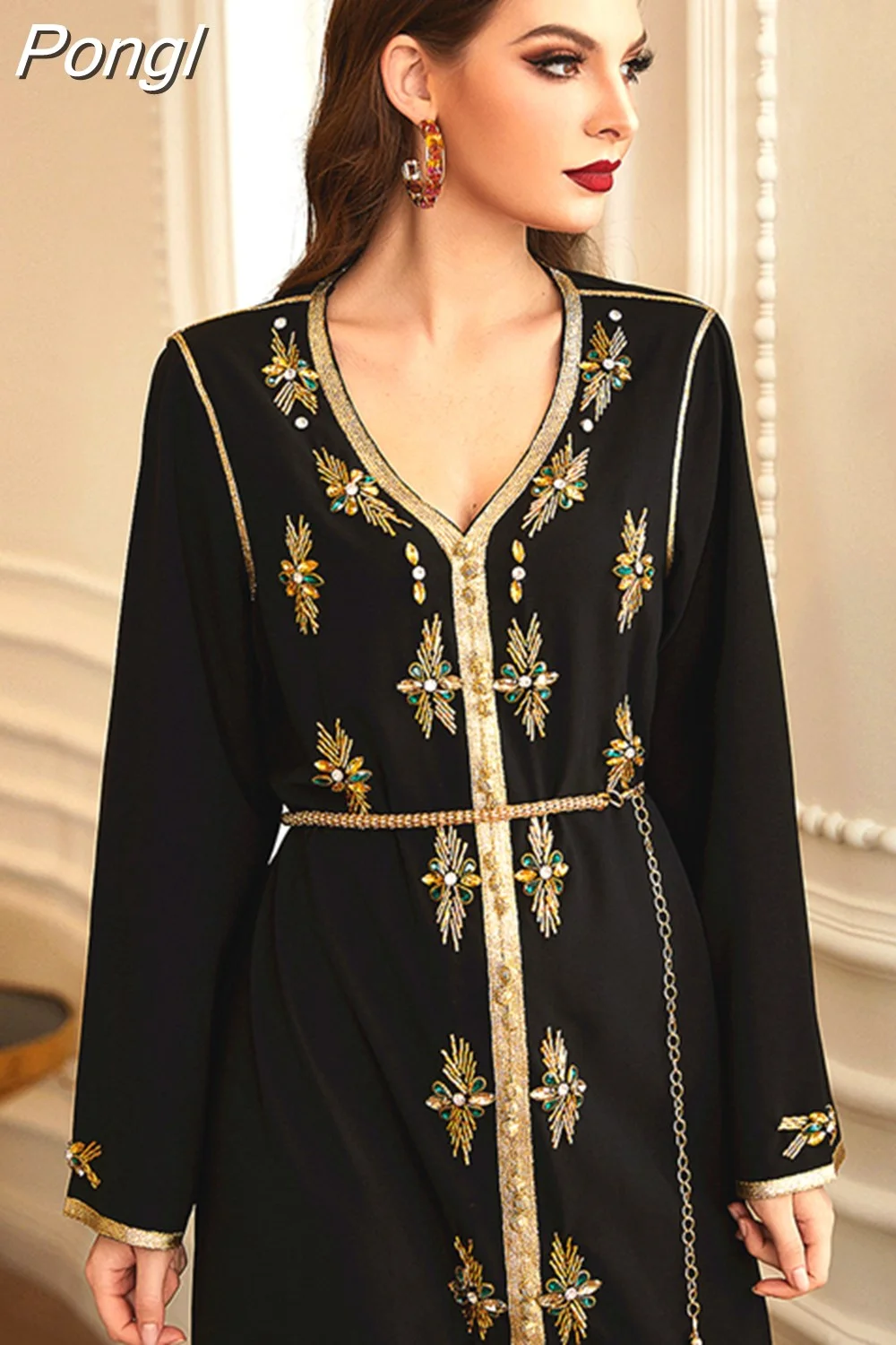 Pongl Festive Dress For Women Luxury Hand-Sewn Gold V Neck Diamond Robe Arabic Oman Dubai Moroccan Belted Kaftan