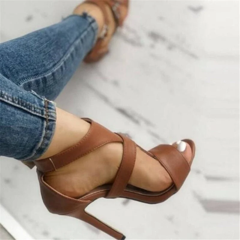 Women Sandals Summer Gladiator Fine High Heels Leather Peep Toes Ankle Buckle Strap Woman Party Shoes Black Sandalia Mujer 2020