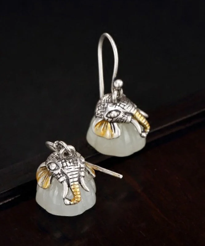 Retro Silk Sterling Silver Jade Little Elephant Drop Earrings