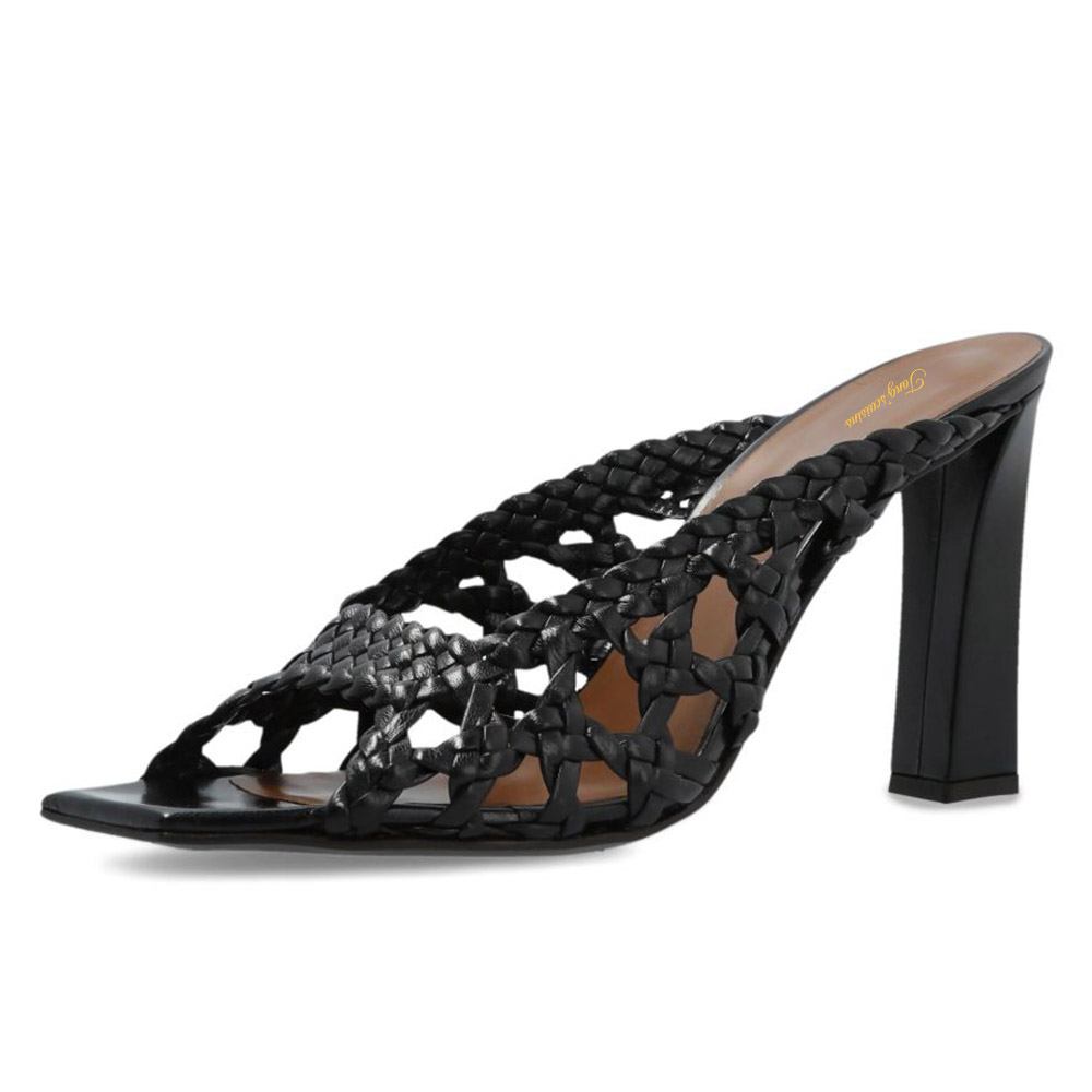 Black Vegan Leather Woven Square Toe Chunky High Heel Slides for Women Nicepairs