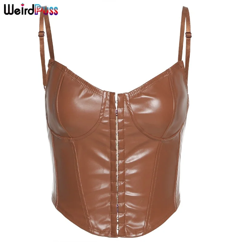 OrangeA Women PU Y2K Leather Corset Top Sexy Sleeveless Skinny Solid Casual Camisole Fashion High Street Party Clubwear Tank