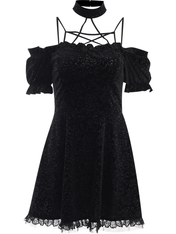 Gothic Dark Halter Bubble Sleeve Lace-up Embossed Mini Dress