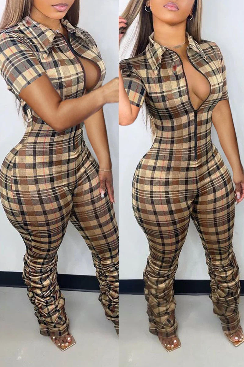 Sexy Plaid Print Split Joint Zipper Collar Regular Jumpsuits