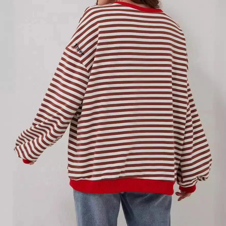 Women's Casual Stripe Colorblock Pattern Round Neck Long Sleeve Pullover T-Shirt 