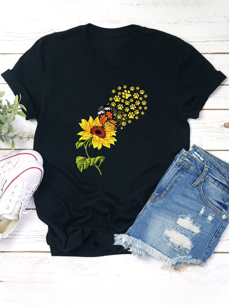 Butterfly Flower Print Short Sleeve T shirt For Women P1661005