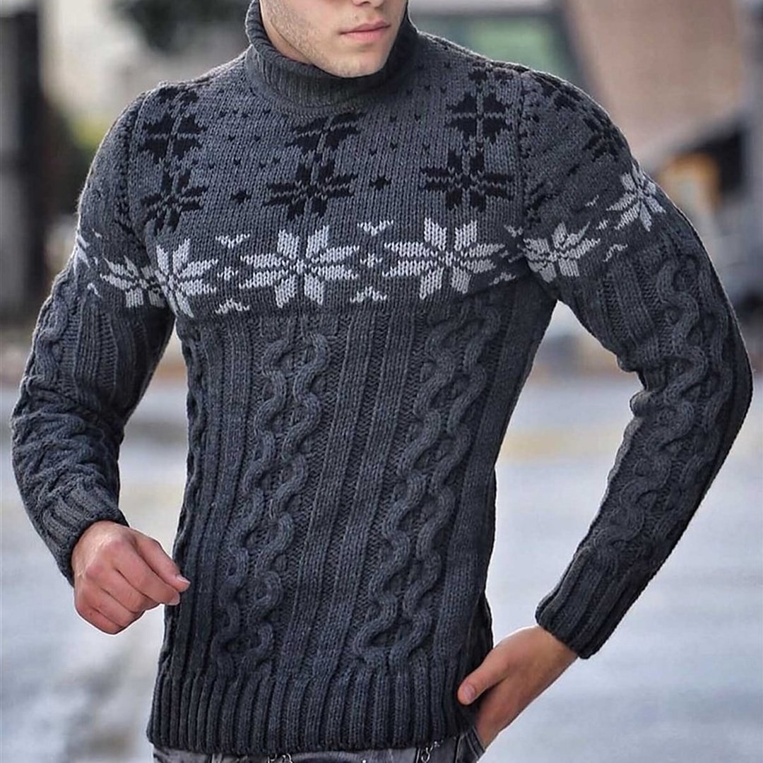 Men's Stack Collar Grey Ethnic Pattern Vintage Sweater