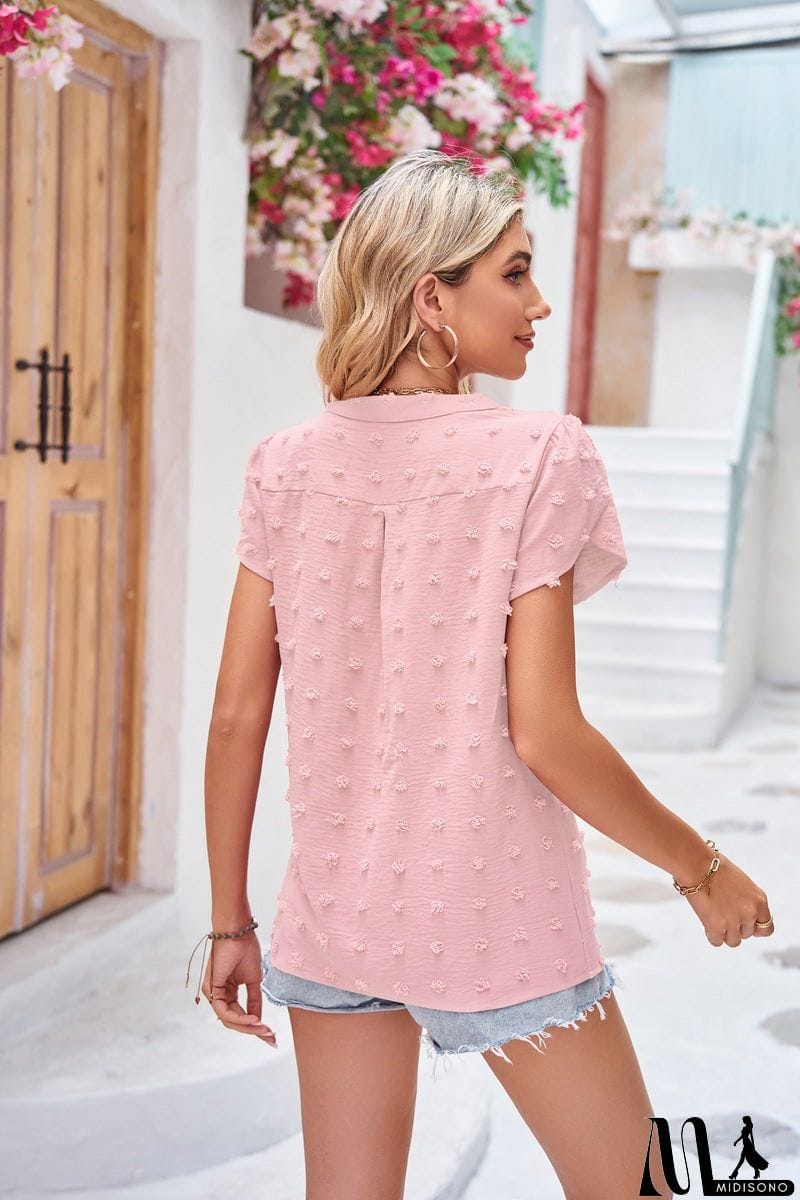 MidiSono - Swiss Dot Petal Sleeve Notched Top