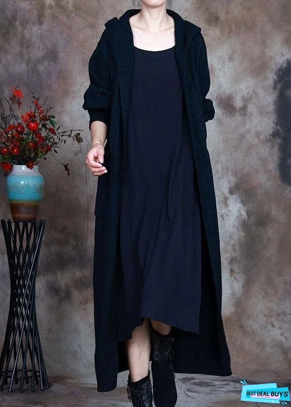 Stylish Blue Hooded Pockets Knit Cardigans Winter