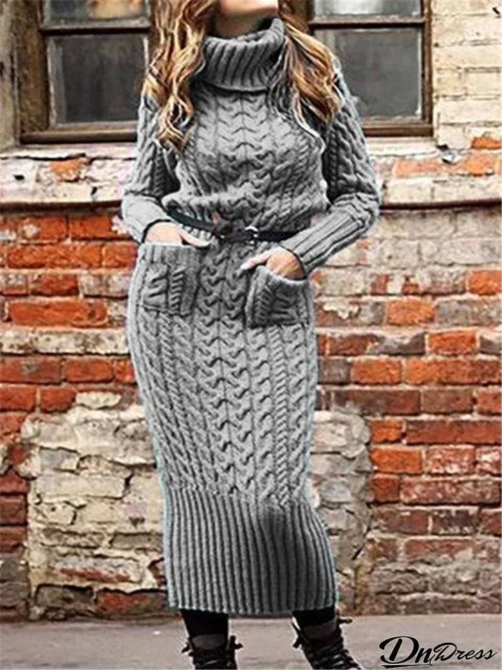 Turtleneck Knitted Sweater Pocket Dress