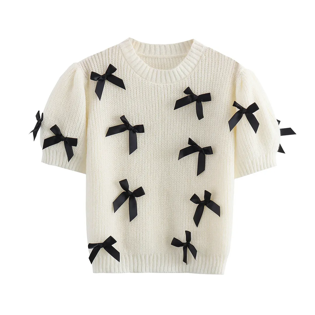 Nigikala Nigikala Autumn Women's Round Collar Bow Decoration Short Solid Color Sweater B88739