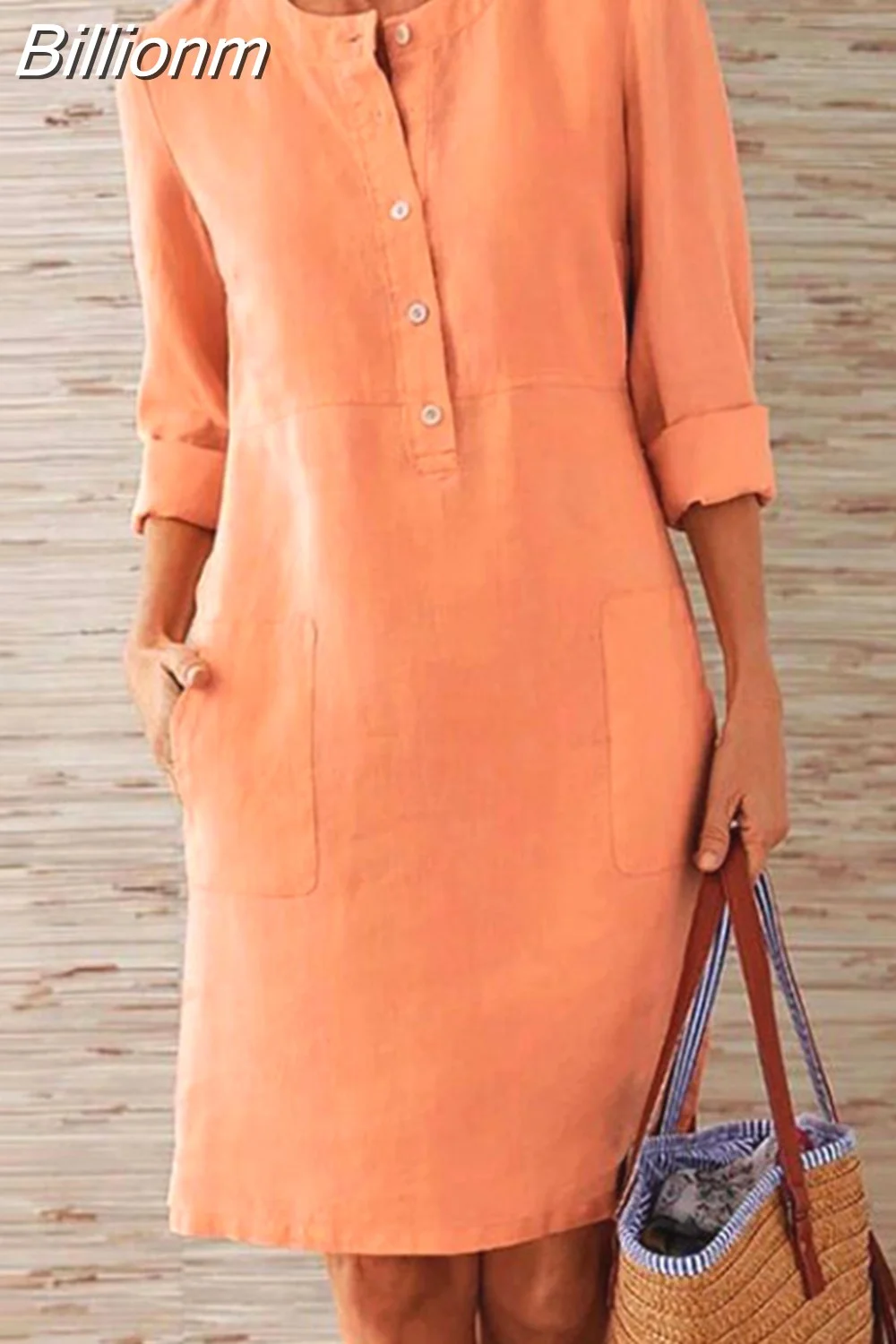 Billionm Color Button O Neck Cotton Linen Summer Dress Women Vintage Short Sleeve Pocket Knee Dress Casual Loose Plus Size Dresses