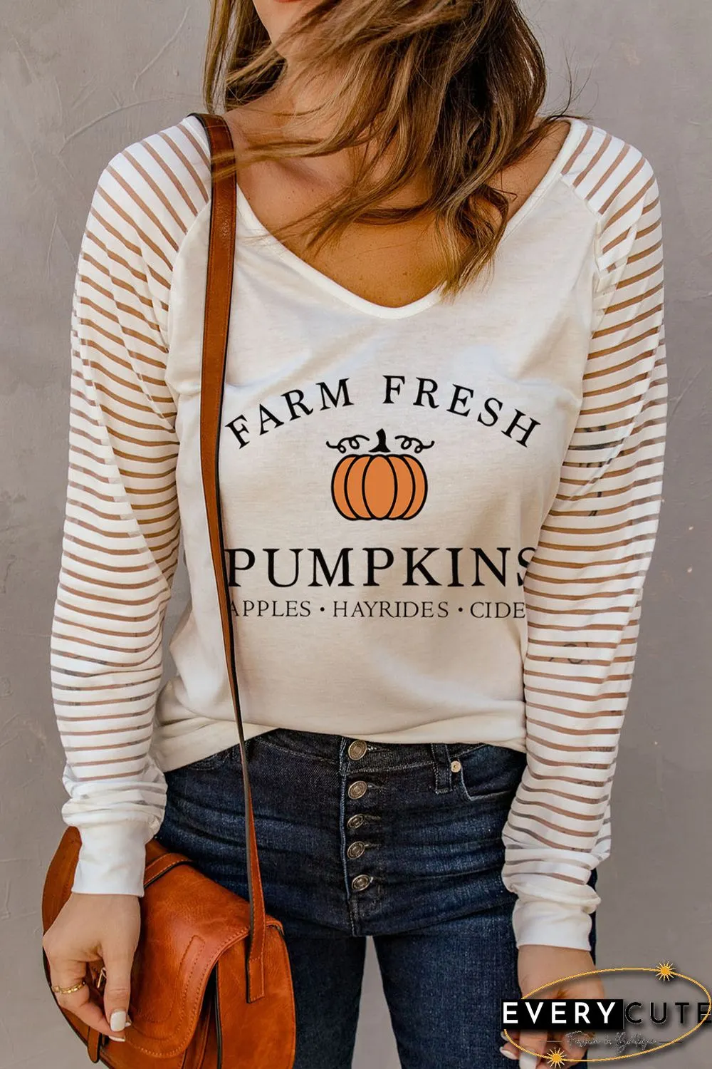 White Farm Fresh Pumkin Graphic Sheer Striped Long Sleeve Top