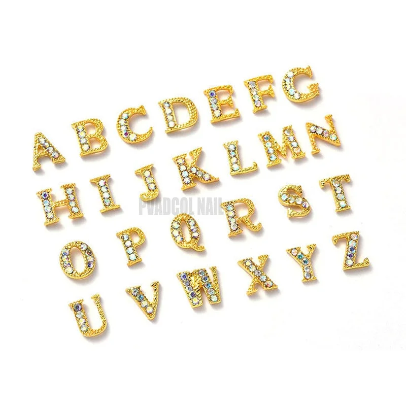 26pcs 3D Nail Art Gold Alphabet Letter Rhinestones Alloy Nail Charms Acrylic Tips Decoration