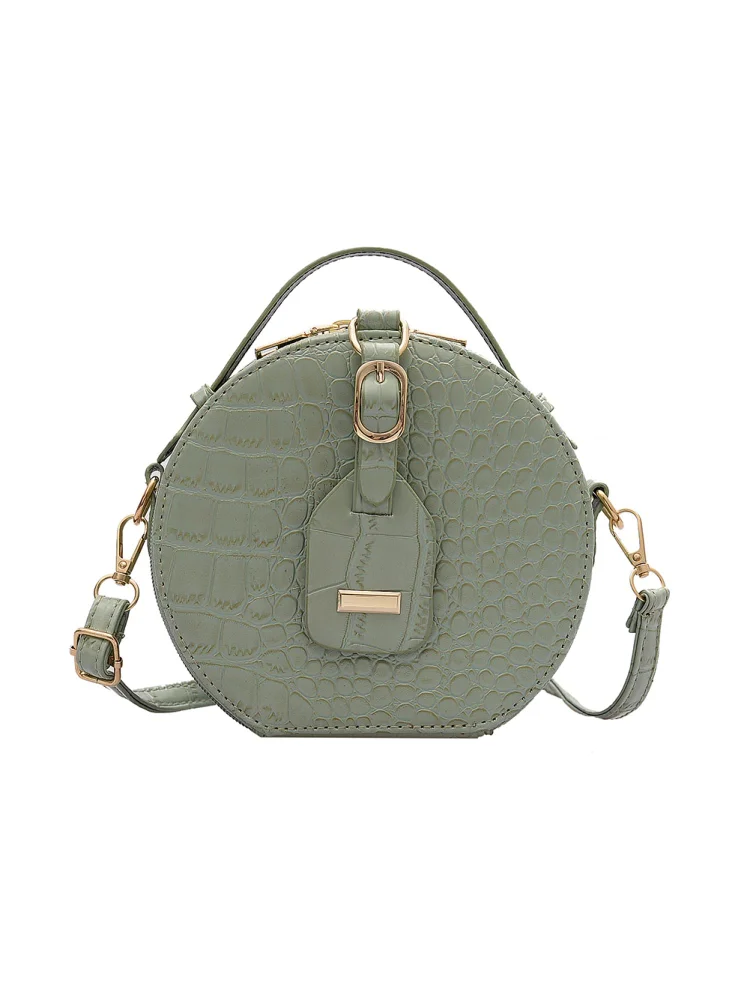 Women Round Shoulder Bag Alligator PU Circle Zip Crossbody Handbag (Green)