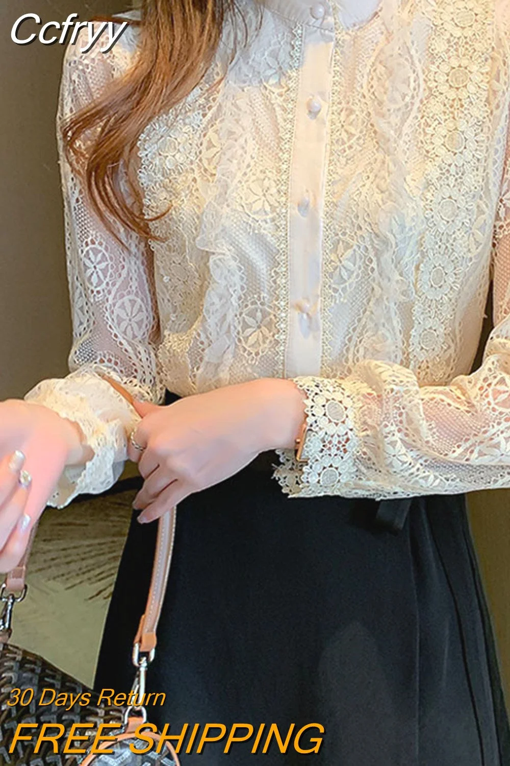 Huibahe Sleeve Women Shirt Stand Collar Flower Embroidery Blouse Women Elegant Fashion Button Lace Shirts Female Loose Blusas 16896