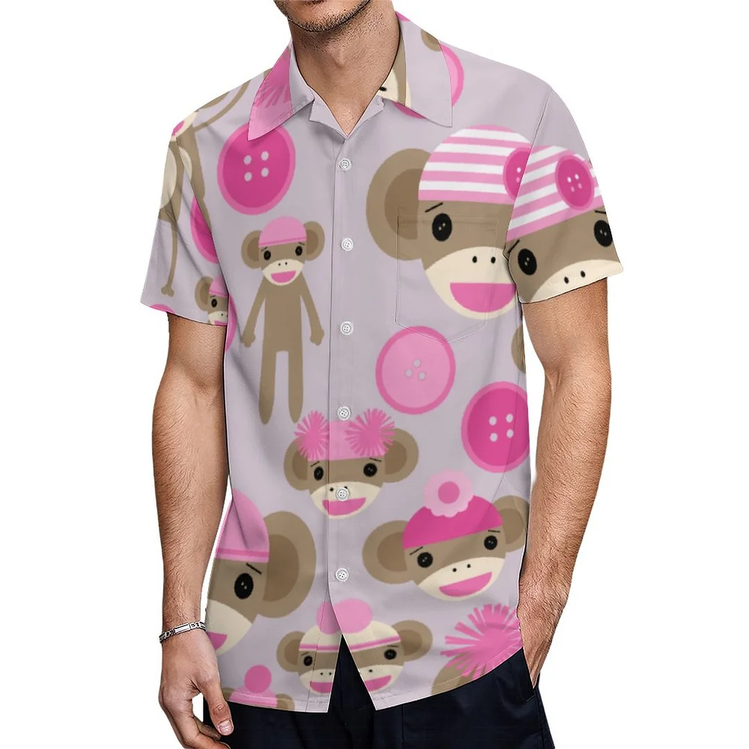 Short Sleeve Girly Pink Sock Monkey Girl Hawaiian Shirt Mens Button Down Plus Size Tropical Hawaii Beach Shirts