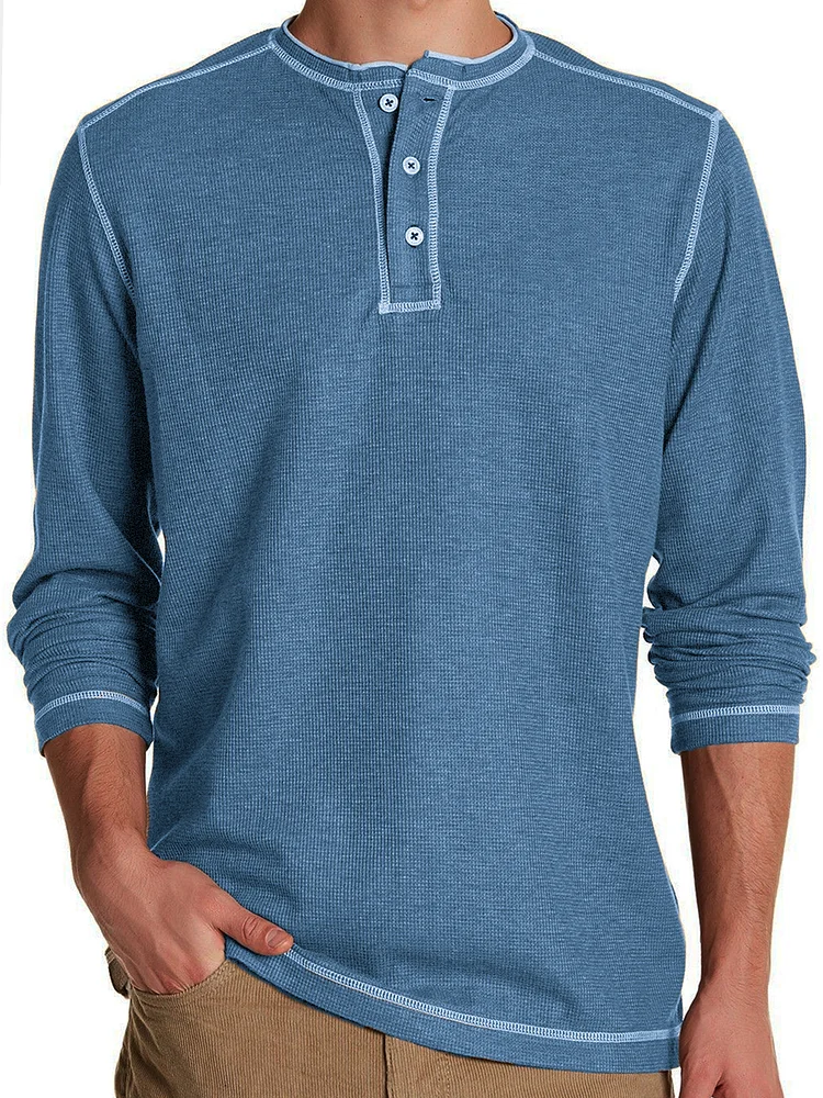 Men's Textured Waffle Long Sleeve Henley Crew Neck Top With Buttons