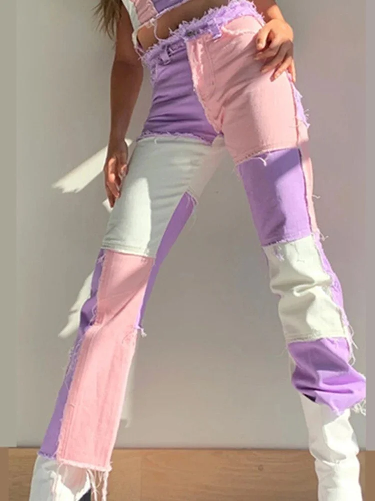 New Women's Jeans Autumn Pink Pants Stitching Denim Casual Girl Hip-Hop High Waist Loose Straight Jeans Women's Fashion Pants
