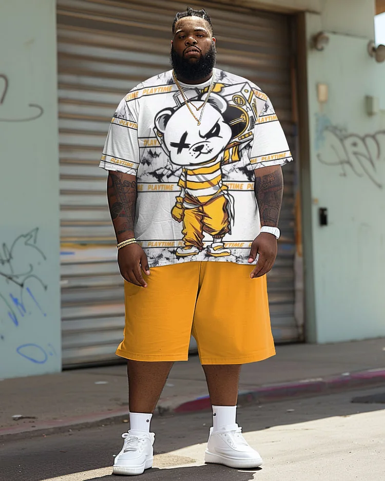 Men's Plus Size Street Casual Graffiti Bear Print T-Shirt Shorts Suit
